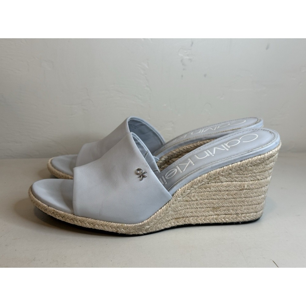 Calvin Klein Bandera Open Toe Jute Wedge Heel Sandals Blue Leather Size 10